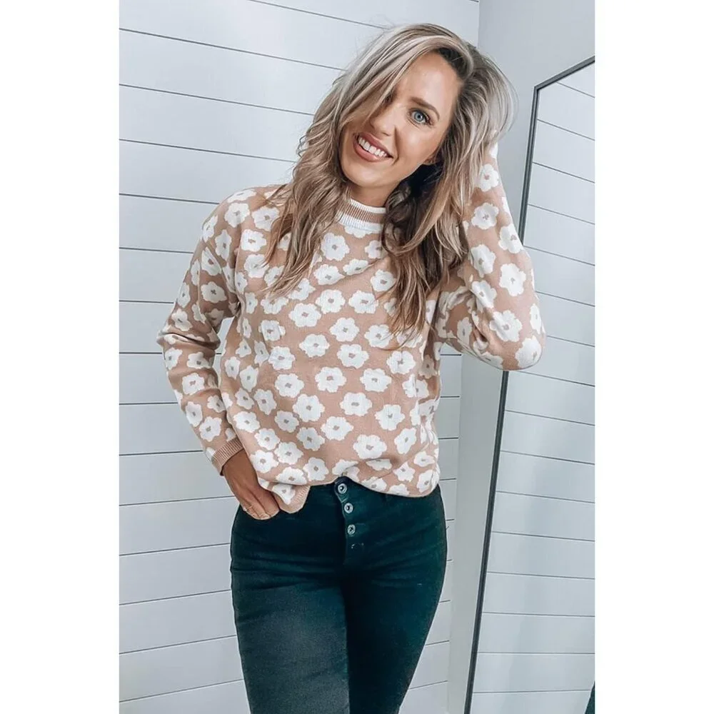 Women's Knit Floral Print Sweater Crewneck Long Sleeve Lightweight Pullover